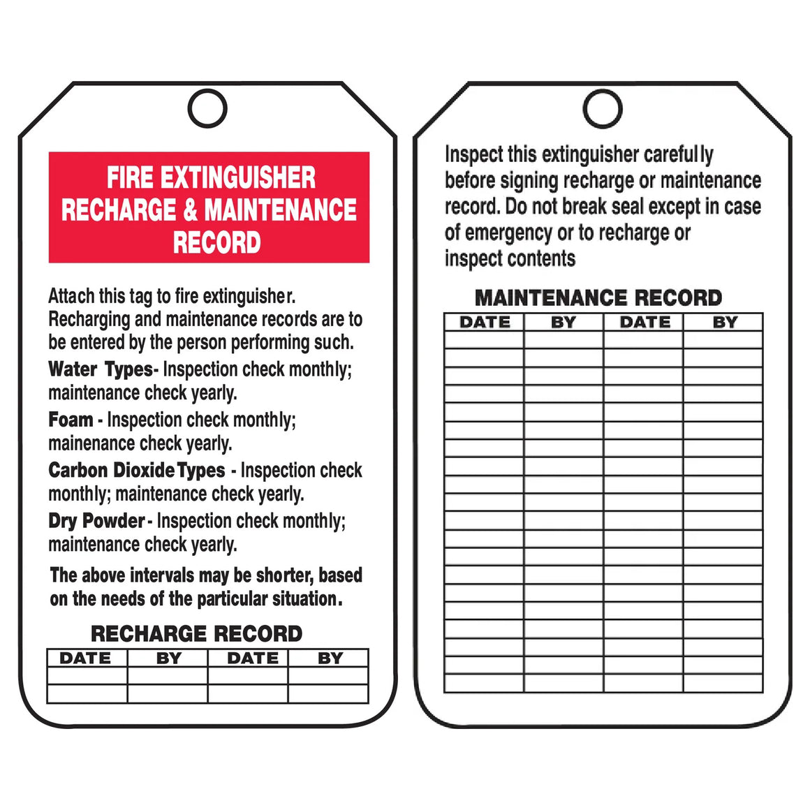 Fire Protection Riser Tag Fire Extinguisher Recharge & Maintenance Tag – OSHA Safety Record Tag ...
